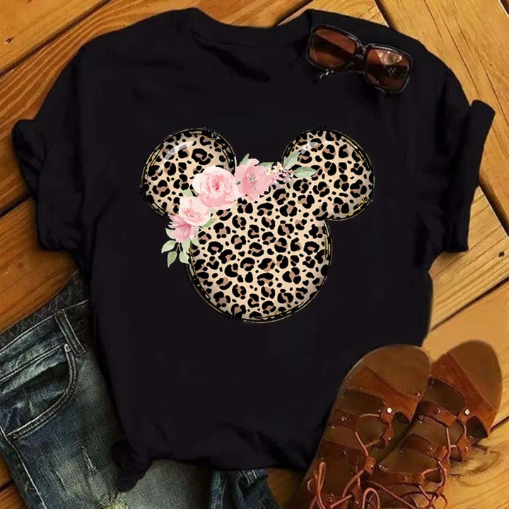 Miniso/Name Excellence Superior Products Disney T Shirt Kids Flower Minnie Mouse Clothes Leopard Print Kawaii T-Shirt 2024 Summer New Tops Harajuku Black Girls Tees