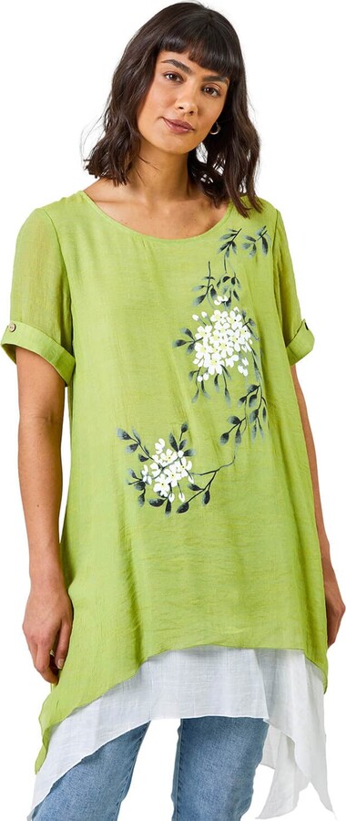 Roman Originals Women Floral Print Asymmetric Tunic Top - Ladies Spring  Everyday Summer Holiday Round Neck Fashion Short Sleeve Comfy Vacation Tops  - Lime - Size 18 - ShopStyle