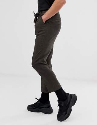 ASOS Design DESIGN tapered smart trousers in brown wool mix wide herringbone with tie belt