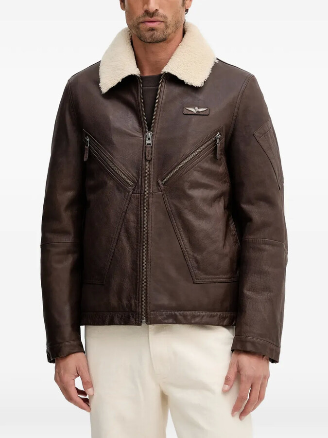 Aeronautica Militare Zip-Up Textured-Collar Leather Jacket