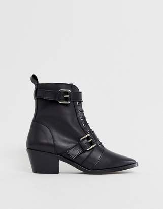 Office Ambassador leather black lace up two buckle ankle boot