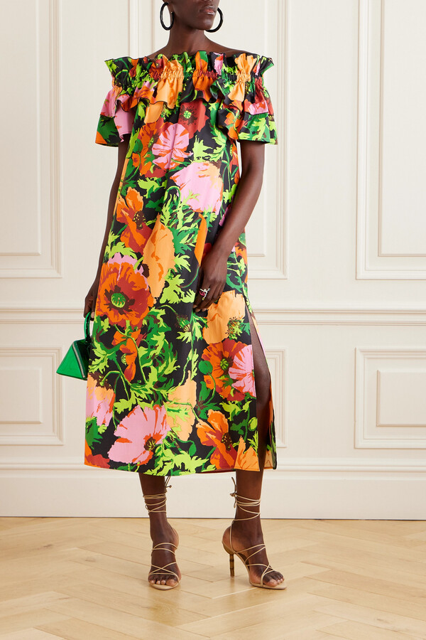 La DoubleJ Breakfast Off-the-shoulder Floral-print Cotton-poplin Midi Dress  - Multi - ShopStyle
