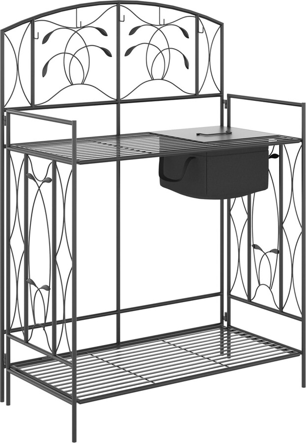 Outsunny Folding Potting Bench Table, Metal Garden Workstation, Work Bench with Large Built-in Bag with Cover, 5 Hanging Hooks & Storage Shelf, Leaf P