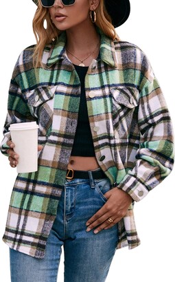 DELIMALI Womens Color Block Plaid Tartan Jacket Button Down Flannel Cardigan  Long Sleeve Oversized Blouse Tops (Green - ShopStyle