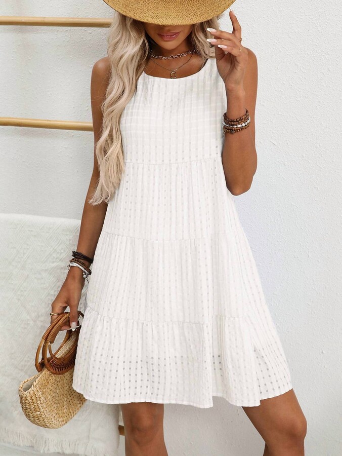 Rosa Clothing Flowy Relaxed Sleeveless Eyelet Checks Mini Dress In White