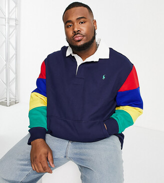 Polo Ralph Lauren Big & Tall contrast collar rainbow sleeve color block  sweat rugby polo in navy - ShopStyle