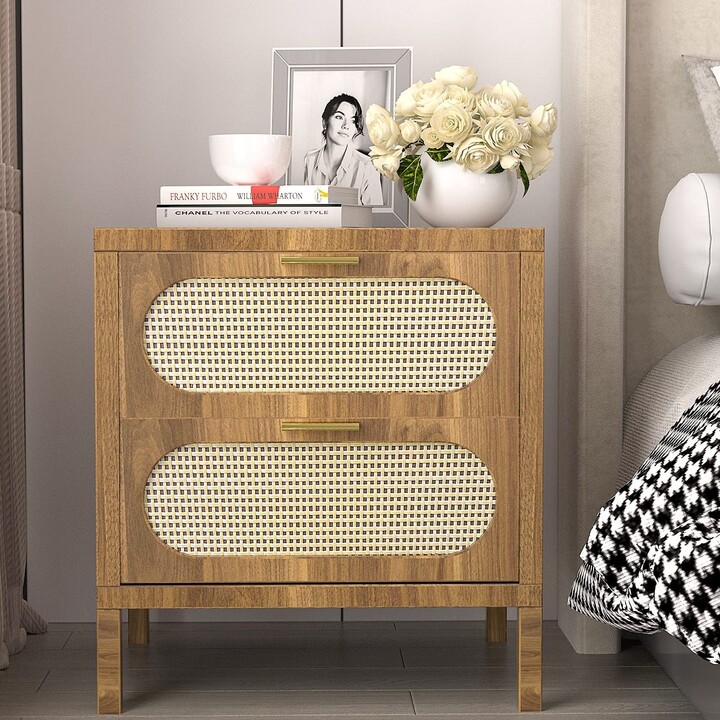 Howcool Farmhouse 2Drawer Woven Cane Front Accent Nightstand，End Side