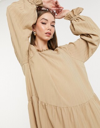 Selected smock dress with tiering and volume sleeves in beige