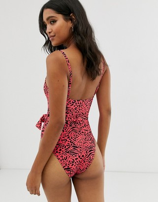 New Look belted swimsuit in red zebra print