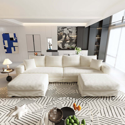 Everly Quinn Plush Corduroy 4-Seat Sofa with Movable Ottomans Deep Seating and Convertible Design for Ultimate Comfort and Versatility