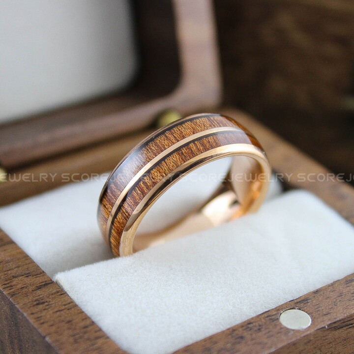 Etsy Wood Ring, Wedding Band, 8mm 14K Rose Gold Tungsten Band With Domed Edge & Koa Wood Inlay, Ring