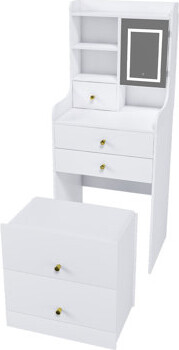 3-in-1 White Dressing Table with LED Mirror & Hidden Stool - 4 Drawers, Storage Cabinet & Open Bookshelf for Bedroom