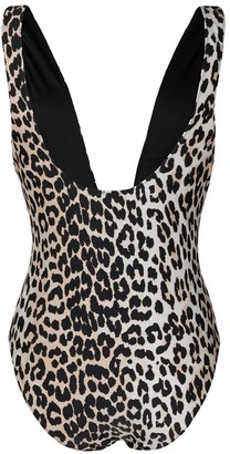 Ganni Leopard Print Plunge Neck Swimsuit