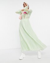 Thumbnail for your product : ASOS DESIGN embroidered pleated maxi dress with fluted sleeve in sage green