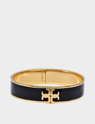 Tory Burch Raised Logo Thin Enamel Hinged Bracelet in Black Tory Gold Brass and Enamel