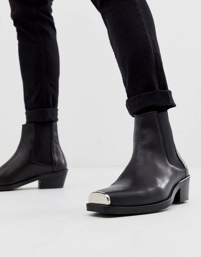 ASOS DESIGN stacked heel western chelsea boots in black leather with metal  hardware - ShopStyle