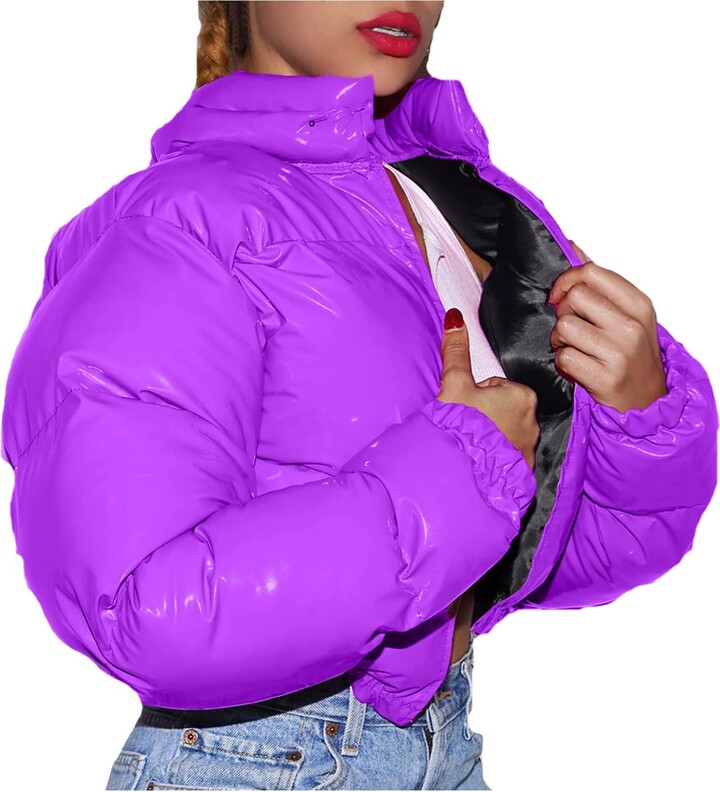 Spwqpnf Women's Short Down Jacket Cropped Puffer Winter Shiny Zip Up