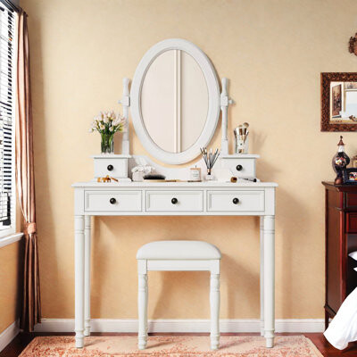 Vanity Desk With Adjustable Angle Mirror, Cushioned Stool And 5 Drawers