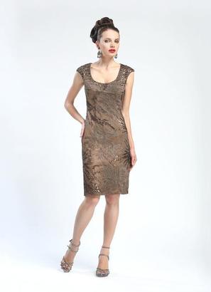 Sue Wong Cap Sleeve Sequined Cocktail Dress in Taupe N4405