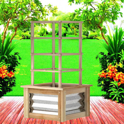 August GroveÂ® Durable Wooden And Steel Planters, Rustic Elevated Garden Bed With Trellis For Patio