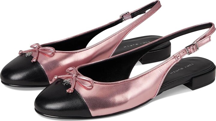 Tory Burch Cap-Toe Slingback Ballet Women's Flat Shoes Pink Etoile/Perfect Black : 6 M, Leather