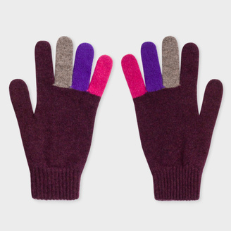 Paul Smith Men's Plum Wool Gloves With Multi-Coloured Fingers