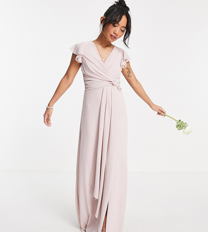 TFNC Petite bridesmaid flutter sleeve ruffle detail maxi dress in mink ...