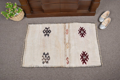Foundry Select Handwoven Small Turkish Kilim Rug in Beige with Antique Vintage Pattern for Entryway