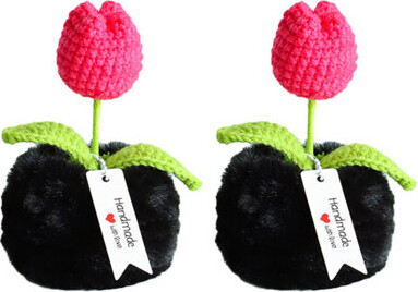 Dakota Fields 2Pcs Crochet Potted Fake Fruit Bonsai Home Living Room Office Desktop Decor Yellow Tulip Handmade Knitted Oranges Auto Interior Decoration, Rose Red