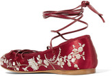 Thumbnail for your product : Etro Lace-up Embroidered Satin Ballet Flats - Claret