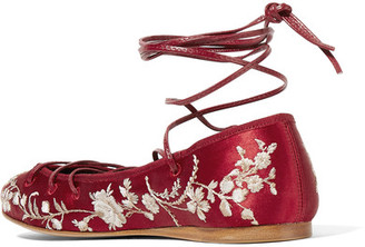 Etro Lace-up Embroidered Satin Ballet Flats - Claret