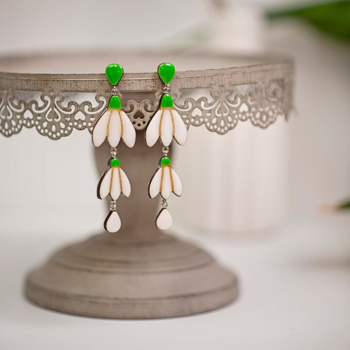 Snowdrop Flower Dangle Earrings, Long Floral Clip On Earrings