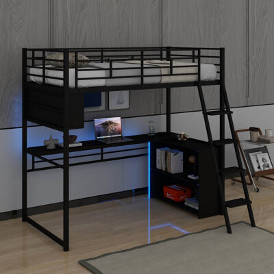 Isabelle & Max Metal Loft Bed With LED, Desk And Shelves