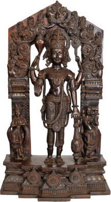 Exotic India Large Size Lord Vishnu With Shridevi And Bhudevi (Aureole Depicting His Ten Incarnations)