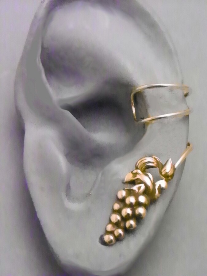 Chardonnay Ear Cuff - Golden Wine Grape & Leaf Handcrafted Brass Earcuff Wrap
