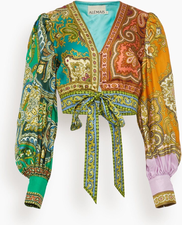 Clemenza Spliced Crop Silk Blouse in Multi