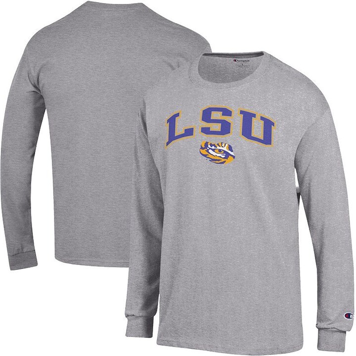 Men's Champion Heather Gray LSU Tigers Arch Over Logo Long Sleeve T-Shirt