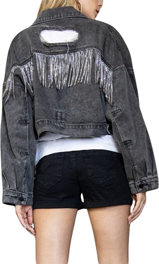 RTGSE Womens Crop Denim Fringe Jacket Distressed Ripped Tassel Fringe