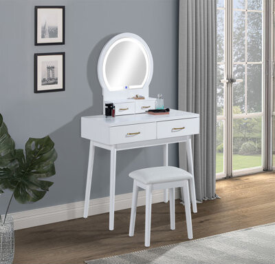 Brayden Studio 3Pc Vanity Table And Stool Set Built-In Led-Lit Mirror Matching Cushioned Stool Gold-Accented Handles Wooden Home Furniture