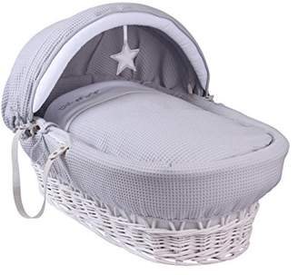 Clair De Lune Silver Lining White Wicker Moses Basket inc. Bedding, Mattress & Adjustable Hood (Grey)