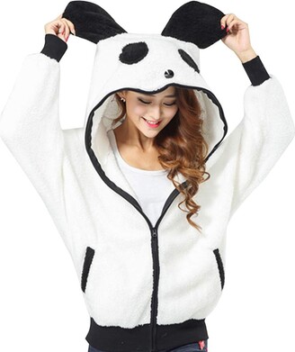 Totoro Sweater Shirt Women's Panda Ear Tail Zip Up Hoodie Sweatshirt Outerwear With Pocket (Panda)