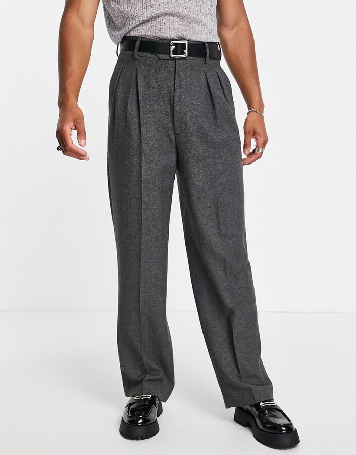 ASOS DESIGN high waist wide leg suit pants in charcoal herringbone -  ShopStyle