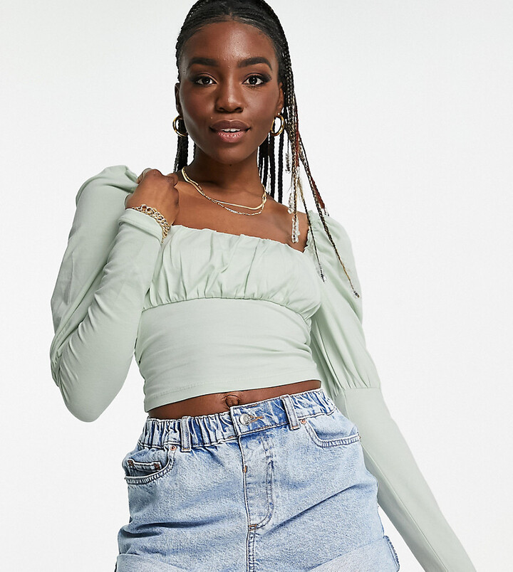 Manchuriet Hoved Udgående ASOS Tall ASOS DESIGN Tall square neck ruched bust long sleeve top in sage  green - ShopStyle