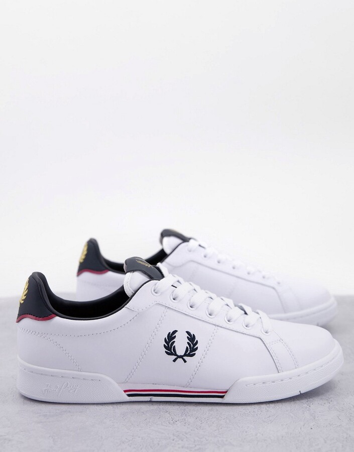 Fred Perry B722 leather sneakers with stripe detail in white/ navy -  ShopStyle