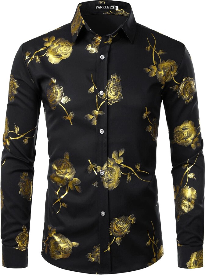 PARKLEES Men's Shiny Gold 3D Rose Print Slim Fit Button Down Dress ...