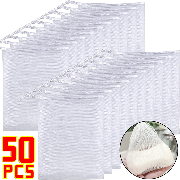 1/50Pcs Soap Foaming Net Bags Facial Cleanser Soap Exfoliating Mesh Drawstring Bag Shower Body Wash Bathroom Cleaning Supplies