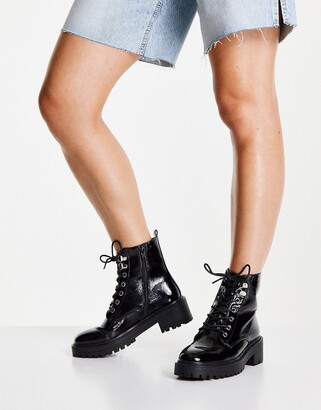New Look chunky lace up patent flat boot in black - ShopStyle