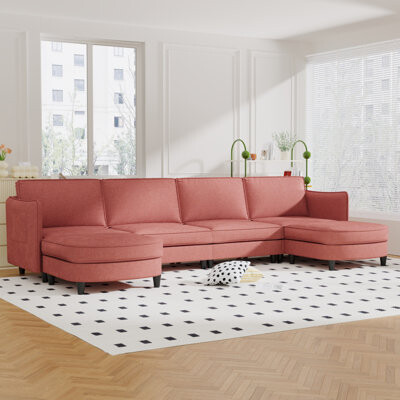 Latitude Run 141.5'' Large Size 6 Seater Sofa Couch, U-Shaped Sofas With Movable Ottoman, Arm With Pockets,Modern Fabric Couches For Living Room, Apartment, Offic