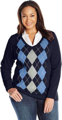 Caribbean Joe Women's Plus-Size Plus Argyle Pullover V-Neck Sweater