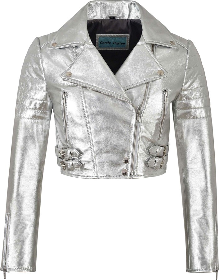 Ladies Biker Metallic Leather Jacket Cropped Short Body Style Real Lambskin 5625 